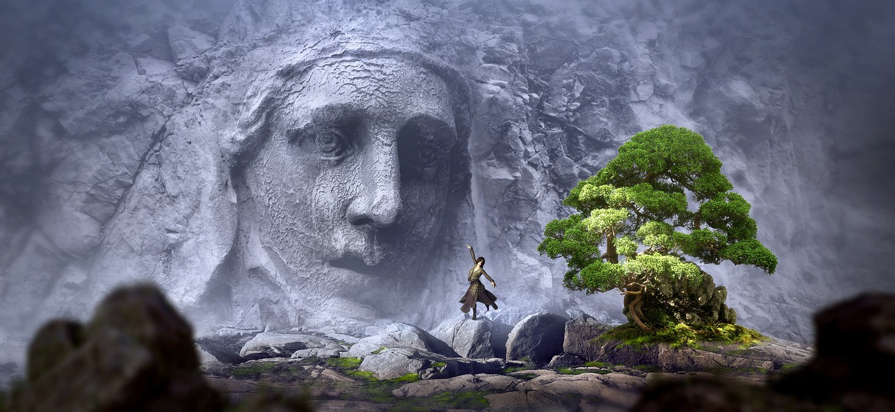 a man standing on top of a rock next to a tree, a matte painting, inspired by Igor Kieryluk, fantasy art, stone face, stone relief, beautiful avatar pictures, photomanipulation