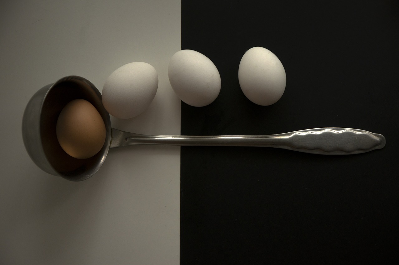 a spoon sitting next to three eggs on top of a table, inspired by Robert Mapplethorpe, “hyper realistic, black an white, combine, innovation