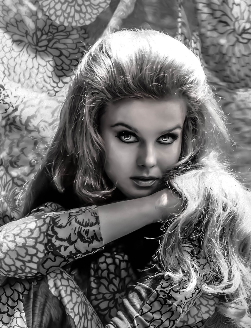 a black and white photo of a woman, digital art, inspired by George Hurrell, trending on pixabay, pop art, carmen electra, with bewitching eyes, karol bak uhd, lovingly looking at camera