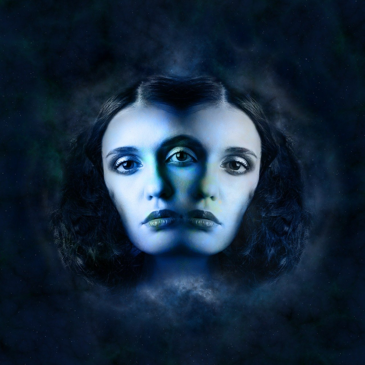 a close up of a woman's face on a dark background, a portrait, inspired by Anna Füssli, shutterstock, surrealism, beautiful gemini twins portrait, emanating with blue aura, symmetrical face illustration, portait photo