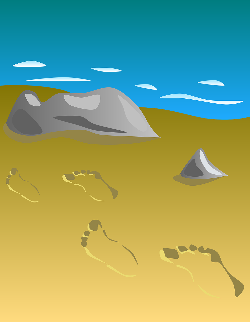 a couple of footprints that are in the sand, an illustration of, naive art, rocky hills, illustration, animation, pose 1 of 1 6