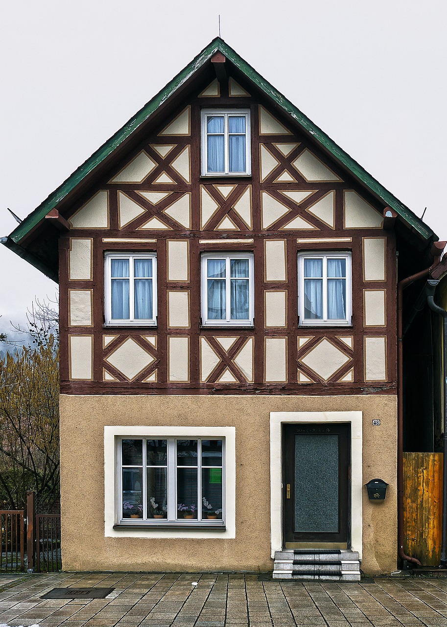 a house with a fire hydrant in front of it, by Bernd Fasching, shutterstock, symmetrical front view, 1 8 8 0 s big german farmhouse, tiny house, windows