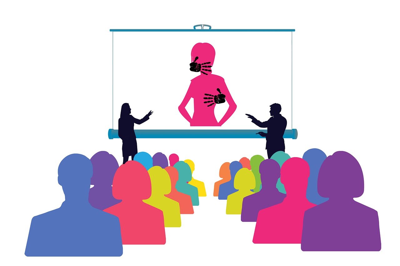 a man giving a presentation to a group of people, a cartoon, by Allen Jones, shutterstock, academic art, the robot wearing her human mask, mark kostabi, set against a white background, with screens and silks