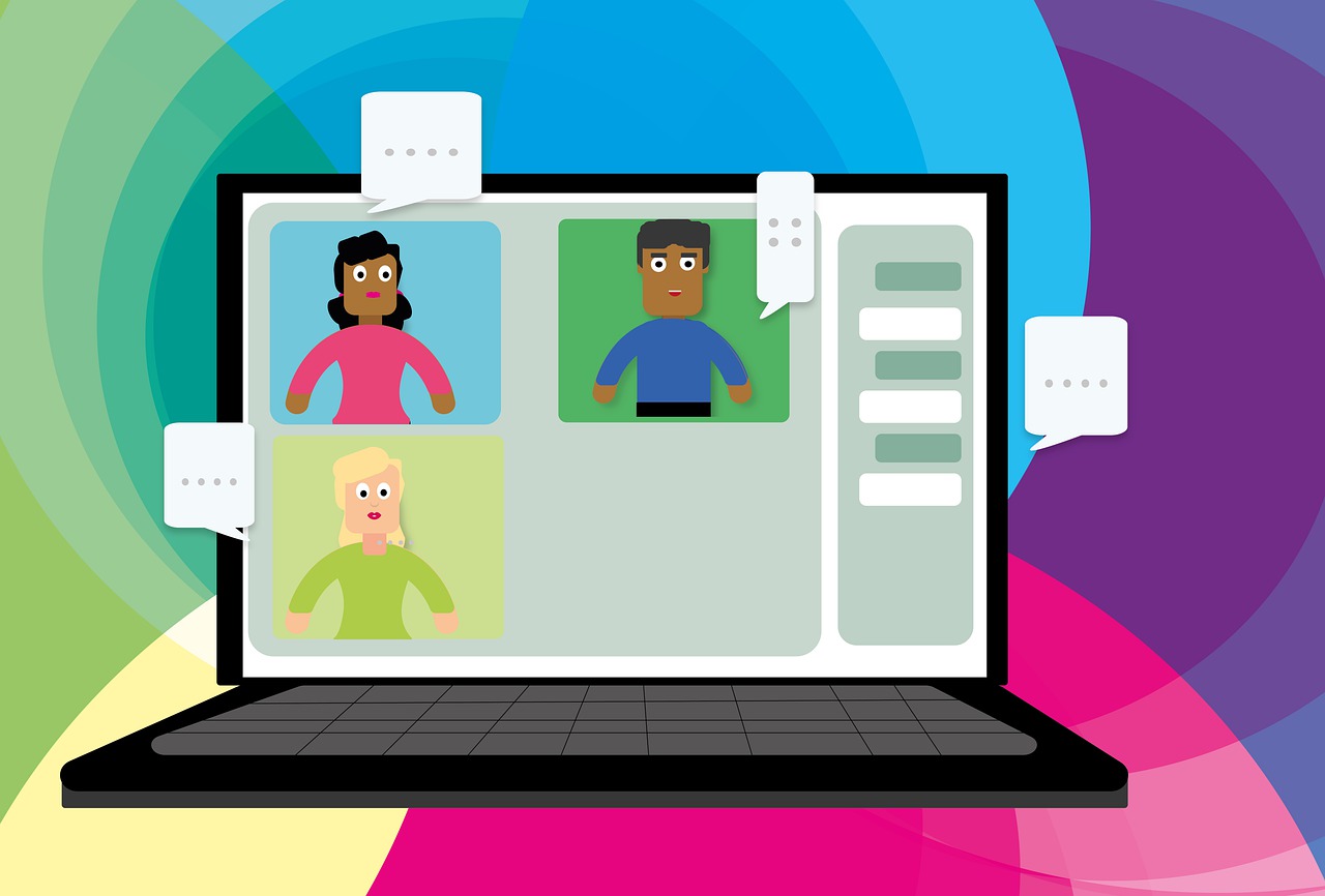 a laptop with a group of people on the screen, shutterstock, computer art, cartoonish and simplistic, webcam screenshot, multicoloured, 3 heads