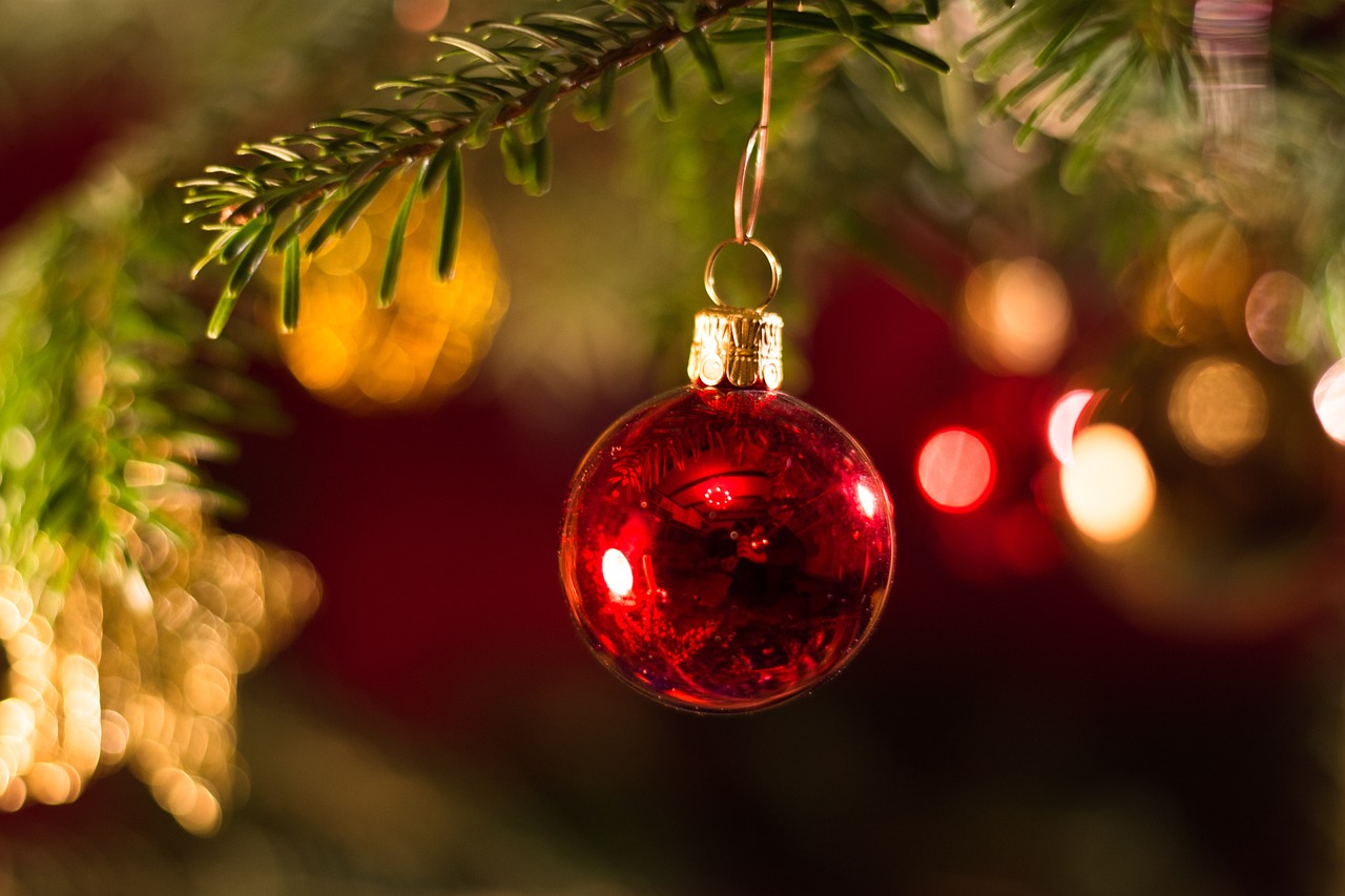 a red ornament hanging from a christmas tree, a picture, by Stefan Gierowski, pexels, middle close up shot, small, wallpaper - 1 0 2 4, mikko