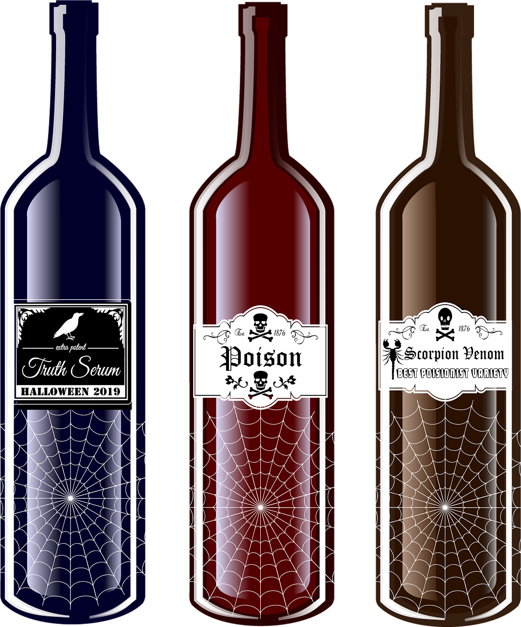 three bottles of wine with spider webs on them, baroque, sharp and dangerous sleek design, halloween, graphic design contest winner, full details