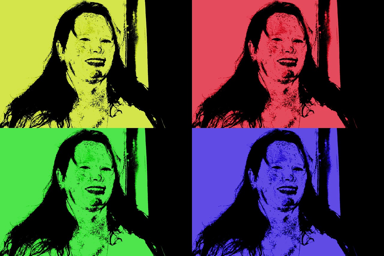 four different colored images of a woman with long hair, inspired by Andy Warhol, pop art, laughing, ((oversaturated)), three point lighting bjork, chris chan