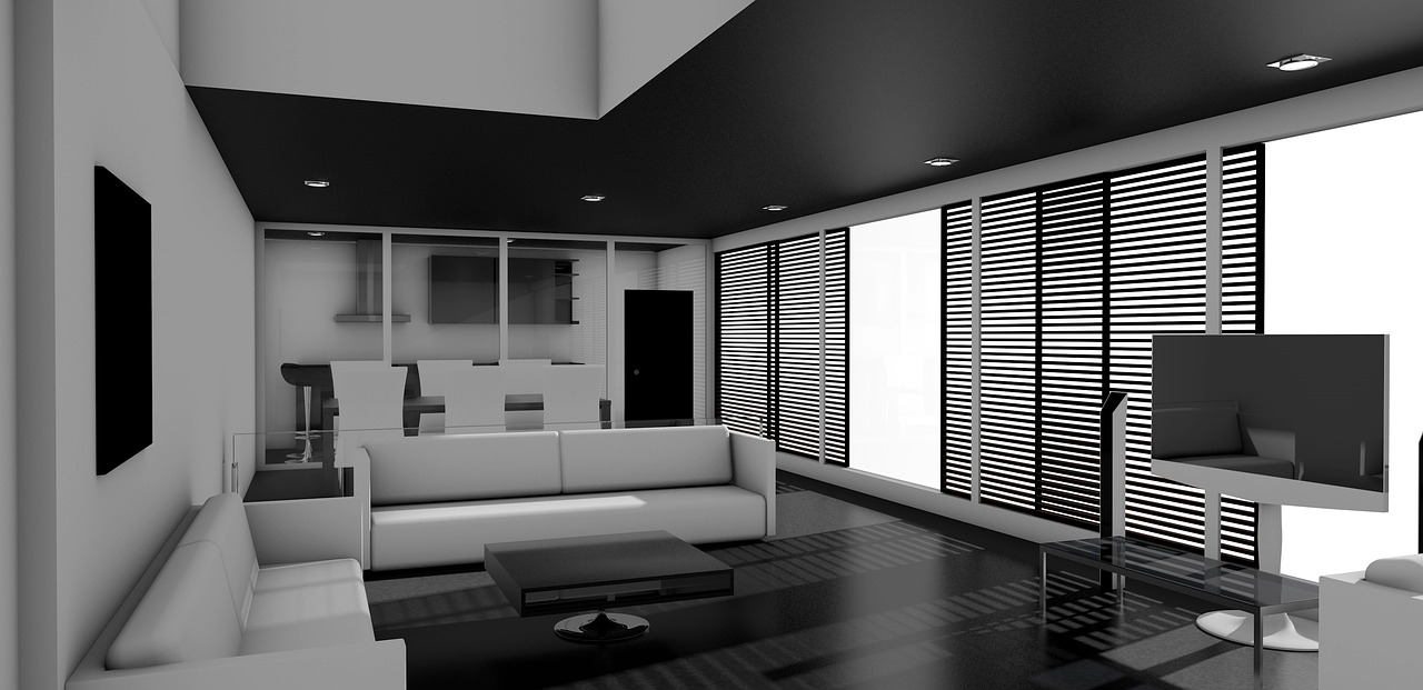 a black and white photo of a living room, a 3D render, inspired by Reinier Nooms, polycount contest winner, minimalism, quality cinema model, ambient reflective occlusion, black color scheme, specular lighting