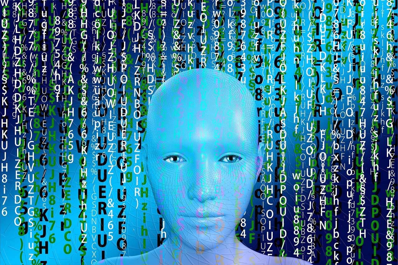 a close up of a person with numbers in the background, a digital rendering, by Kurt Roesch, pixabay, robotic bust, beskinski, stock photo, blue head
