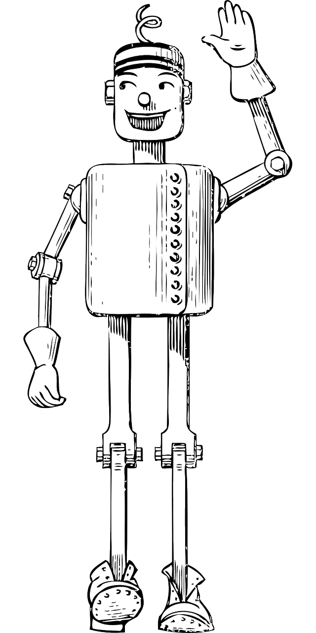 a black and white drawing of a robot, inspired by Oskar Schlemmer, shutterstock, steampunk illustration, ( ( dithered ) ), puppet, illustration black outlining