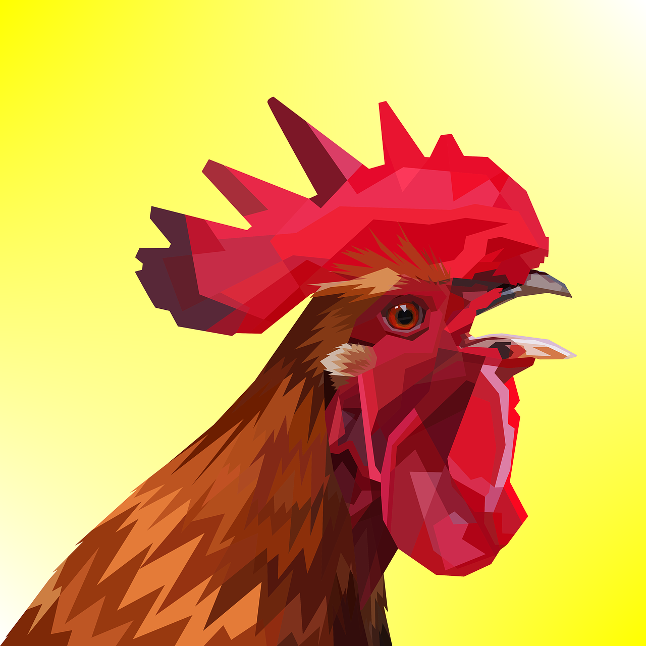 a close up of a rooster's head on a yellow background, vector art, shutterstock, cubism, low poly 3d model, red skinned, low polygons illustration
