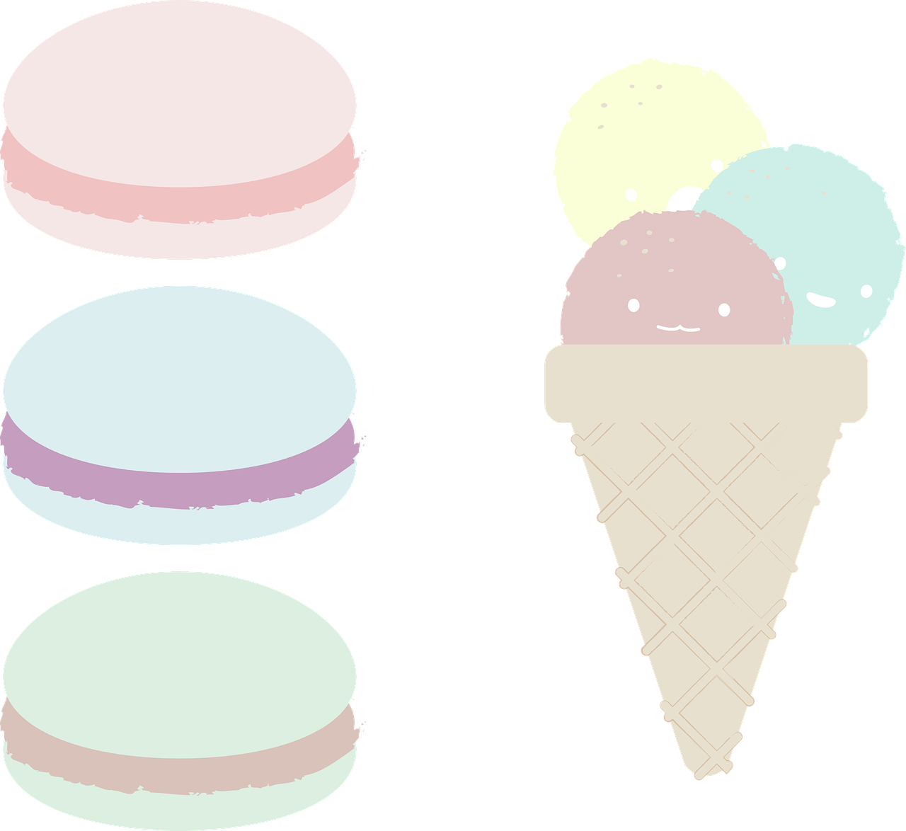 a couple of ice cream cones sitting next to each other, a pastel, inspired by Masamitsu Ōta, macaron, 4 colors, summer night, (3 are winter