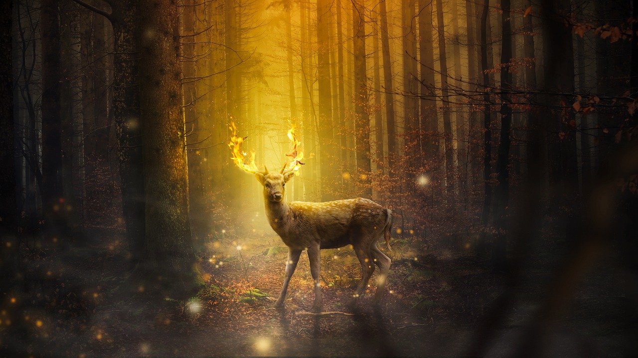 a deer standing in the middle of a forest, digital art, by Marten Post, pixabay contest winner, digital art, warm glow from the lights, gold and yellow notched antlers, high quality fantasy stock photo, woods on fire