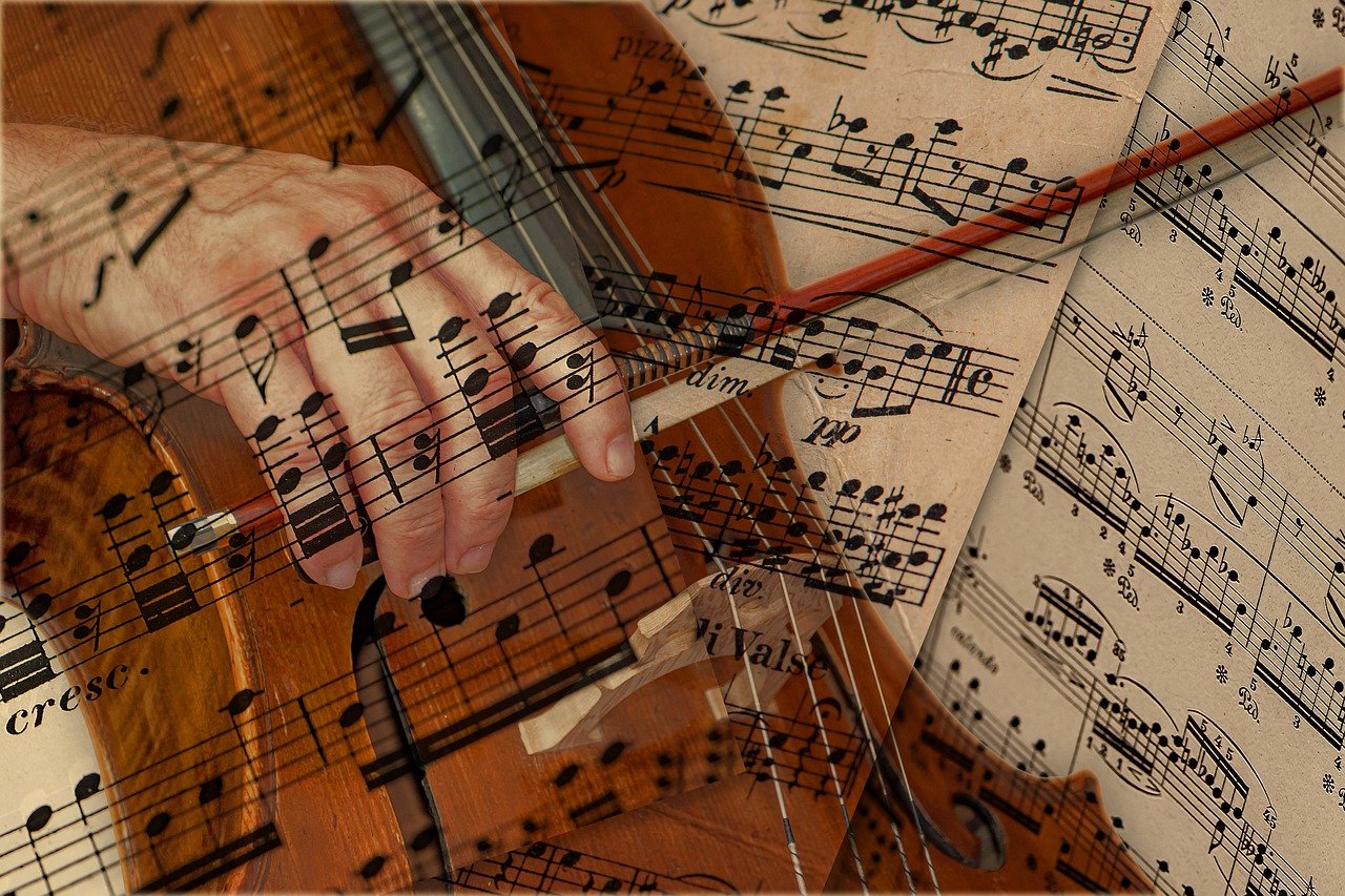 a close up of a person playing a violin, a picture, by Eugeniusz Zak, precisionism, with notes, complex layered composition!!, ((oversaturated)), trio