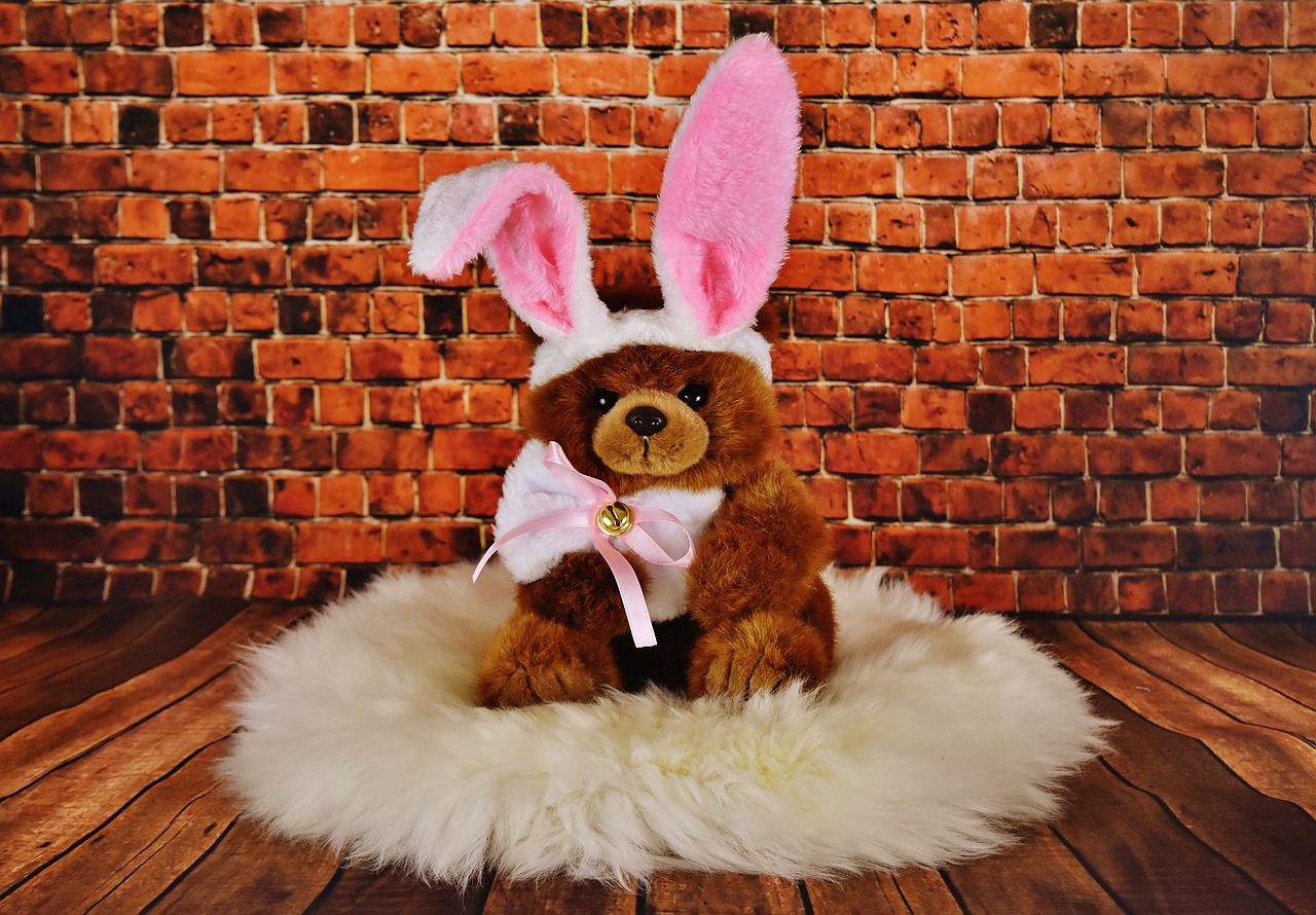 a brown teddy bear wearing bunny ears and a pink bow, inspired by Peter Alexander Hay, furry art, full subject shown in photo, easter, with white fluffy fur, western