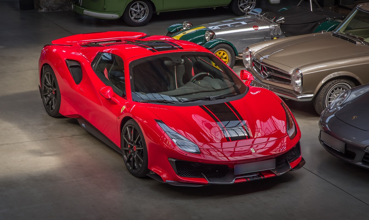 a red sports car parked in a garage, mannerism, hybrids, red - iris, best selling, red and black