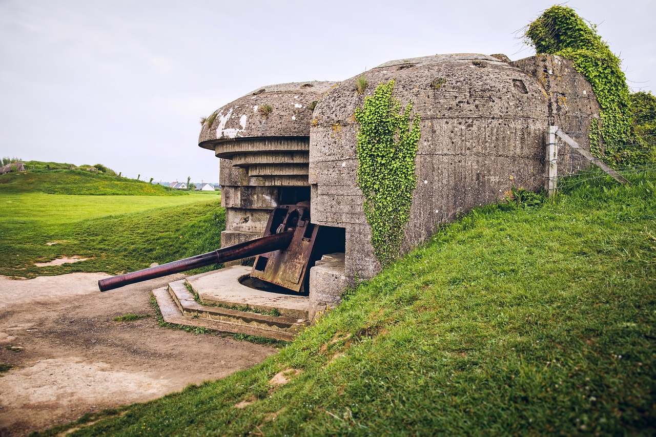 a small concrete structure sitting on top of a lush green hillside, a photo, renaissance, the normandy landings, cannon photo, vault, close-up shot