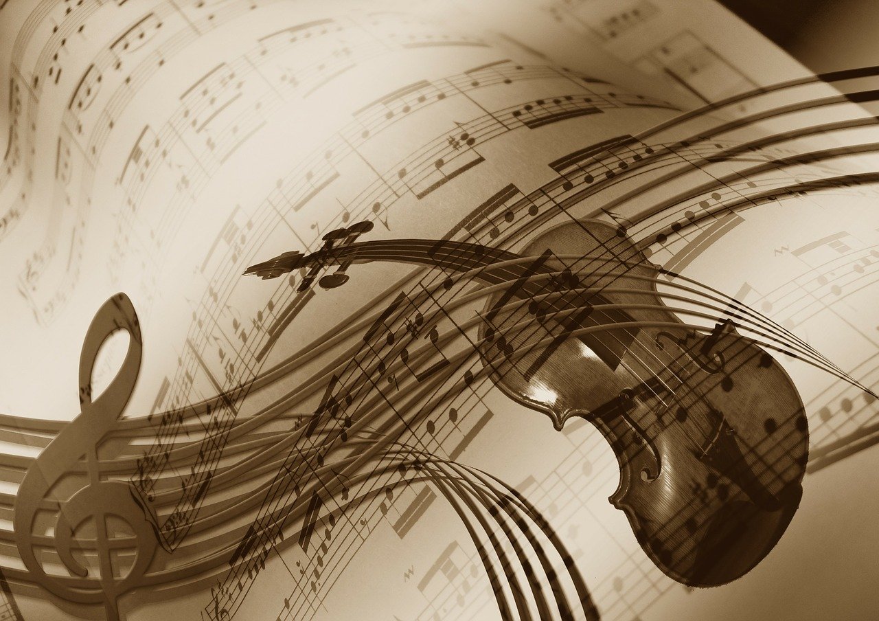 a violin sitting on top of a sheet of music, a picture, by Konrad Witz, sepia tones, flowing rhythms, various artists, istock