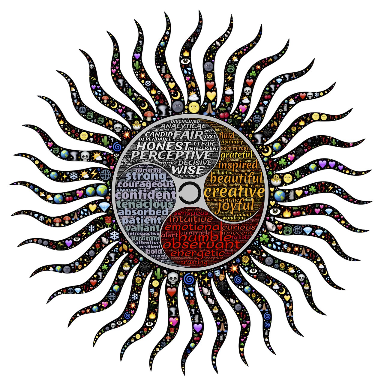 a picture of a sun with words all over it, an illustration of, by David G. Sorensen, sots art, yin yang, made of multicolored crystals, on black background, artwork roman mosaic