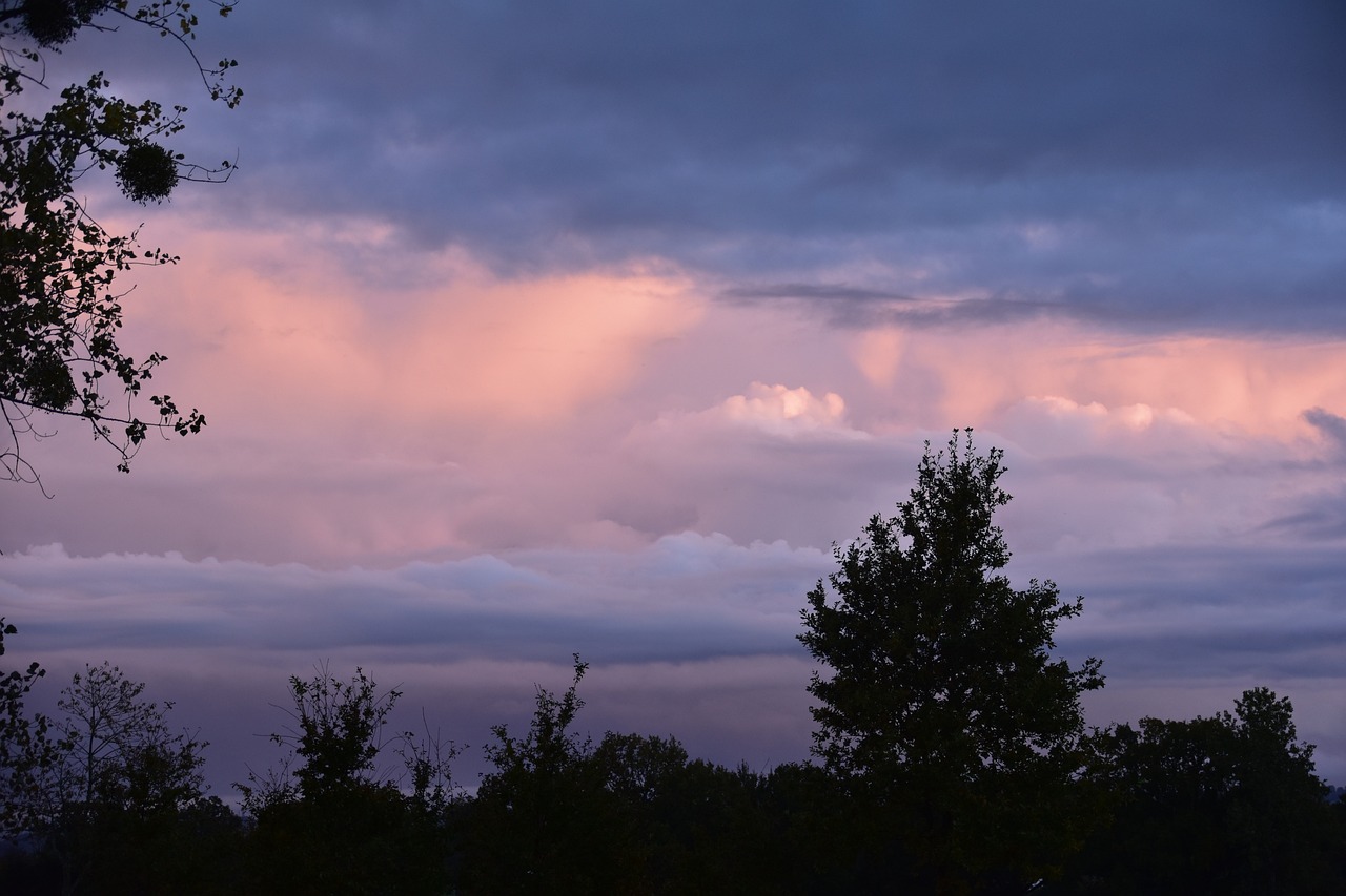 a cloudy sky with trees in the foreground, a picture, by Linda Sutton, pink sunset, during a thunderstorm, late summer evening, soft lilac skies