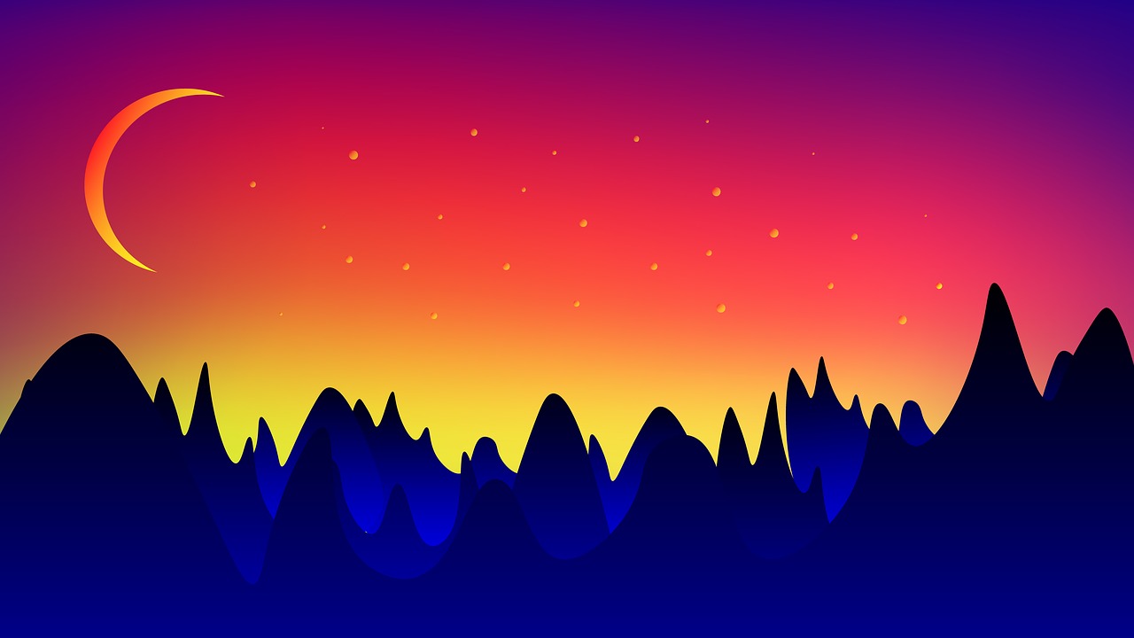 a mountain with a crescent and stars in the sky, vector art, trending on pixabay, color field, colorful with red hues, orange to blue gradient, floating mountains, with glowing lights at night