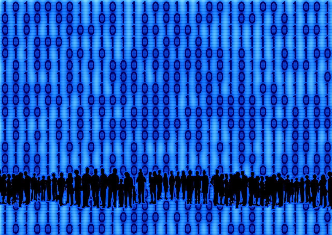 a group of people standing in front of a blue background, a digital rendering, by Alison Watt, pixabay, ascii art, binary, busy crowds, in front of the internet, nitid and detailed background