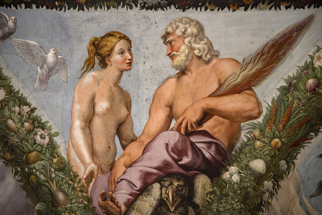 a painting of two men sitting next to each other, a renaissance painting, shutterstock, adam and eve, female goddess, in honor of jupiter's day, high definition detail