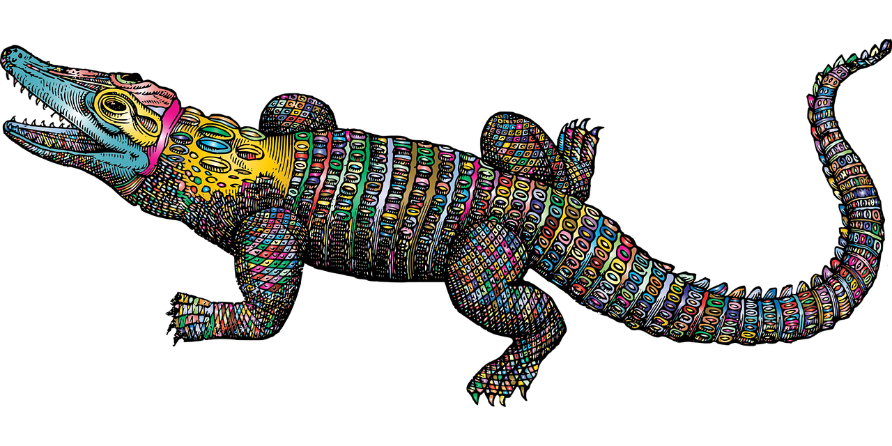 a colorful sculpture of a lizard on a black background, a digital rendering, by Kanō Tan'yū, kinetic pointillism, linear illustration, crocodile reptilian motifs, rich aztec jaguar armor, screensaver