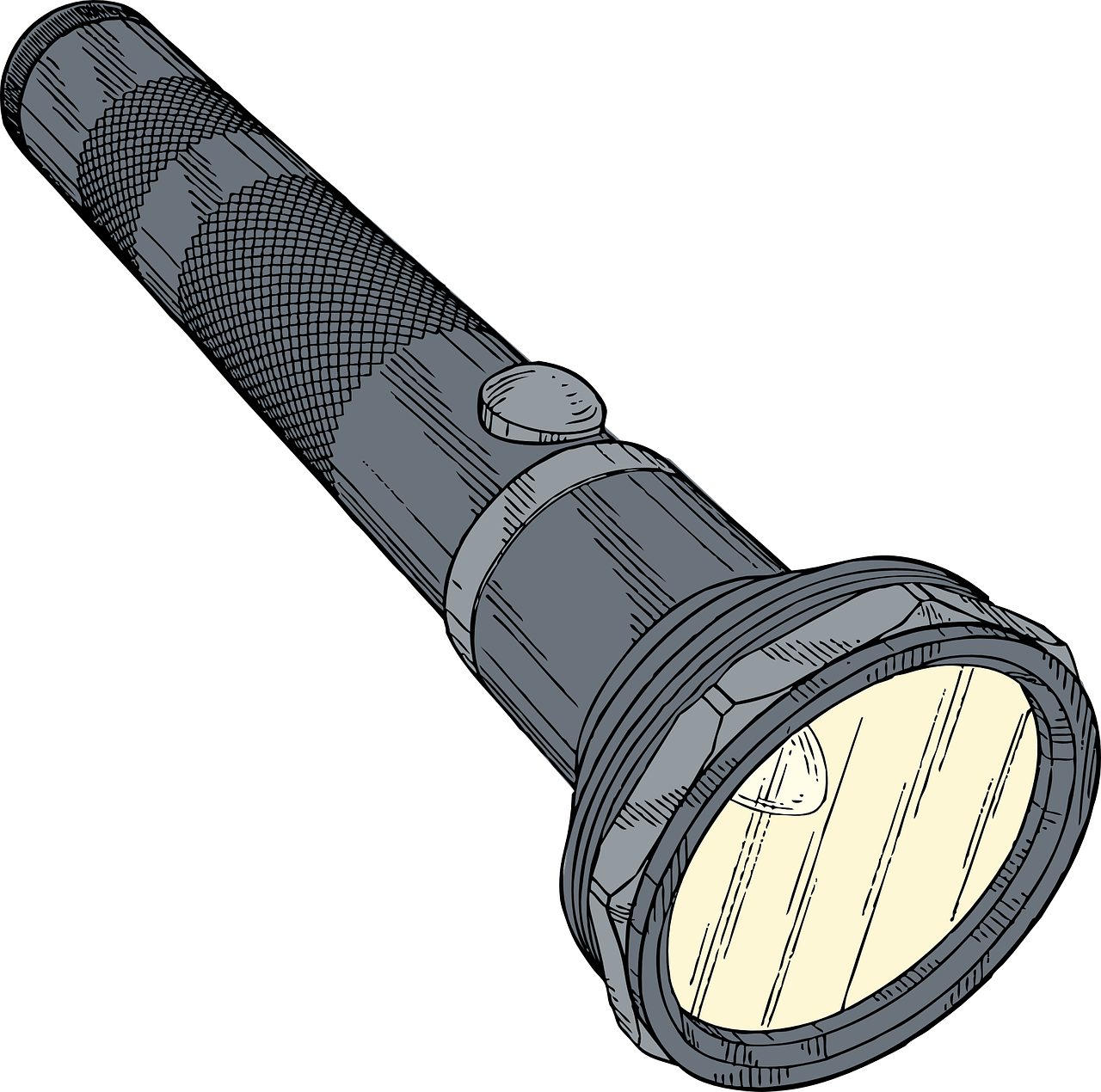 a close up of a flashlight on a black background, an illustration of, highly detailed linework, colored screentone, on a gray background, illustration