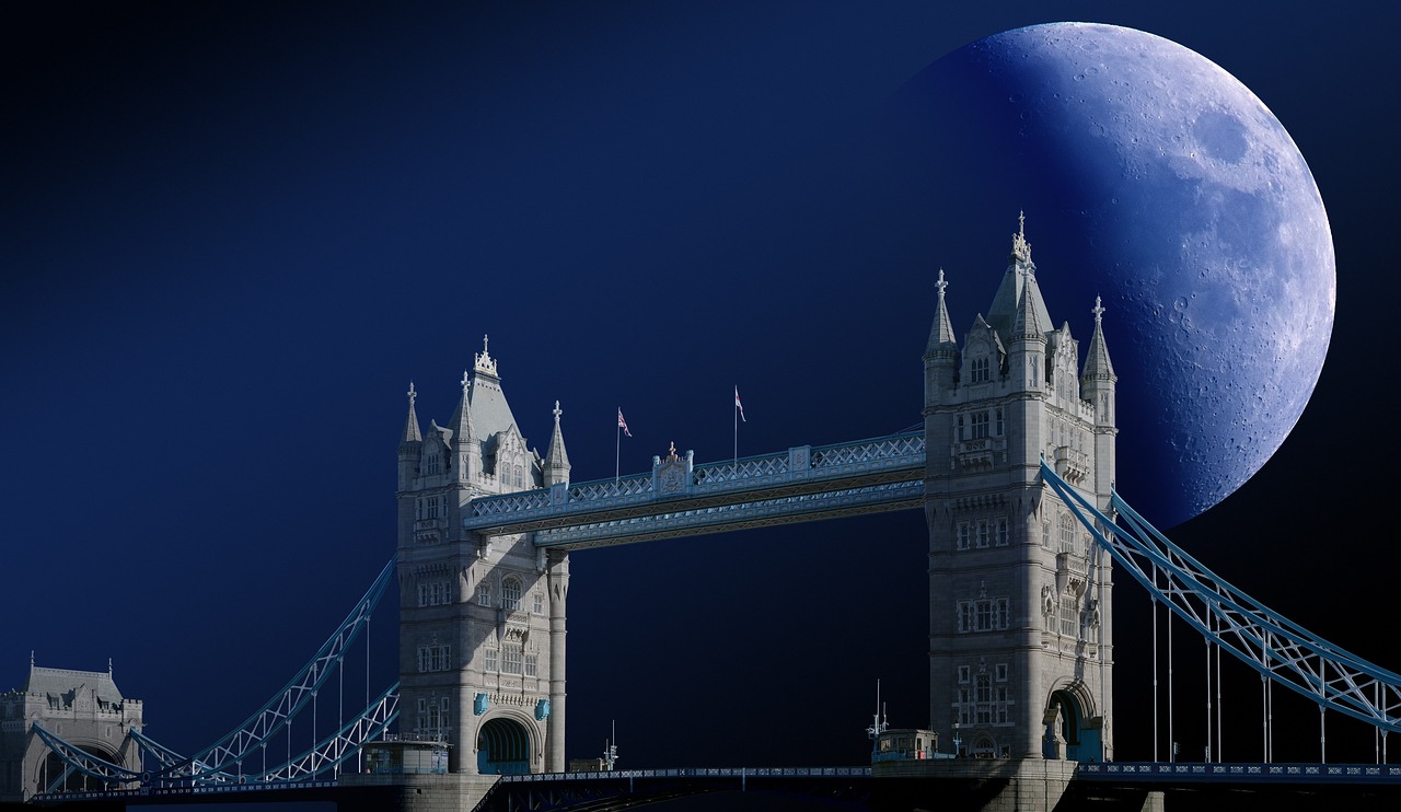 a bridge with a blue moon in the background, by John Moonan, shutterstock, digital art, tower bridge, joe webb, banner, slide show
