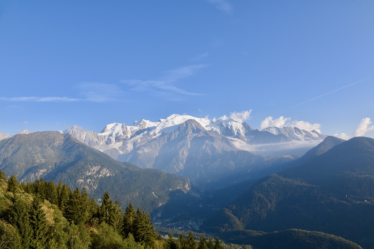 a view of the mountains from the top of a hill, a picture, by Etienne Delessert, shutterstock, chamonix, wide long view, detailed picture, in the early morning