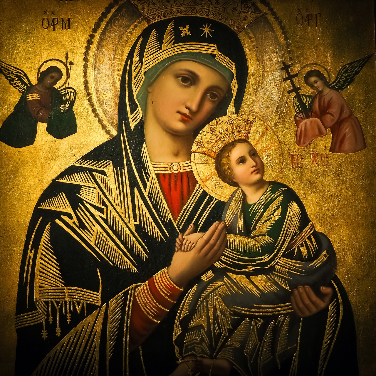 a painting of a woman holding a child, a detailed painting, by Stefan Gierowski, shutterstock, cloisonnism, roman catholic icon, photo taken with nikon d 7 5 0, holy sacred light rays, antique