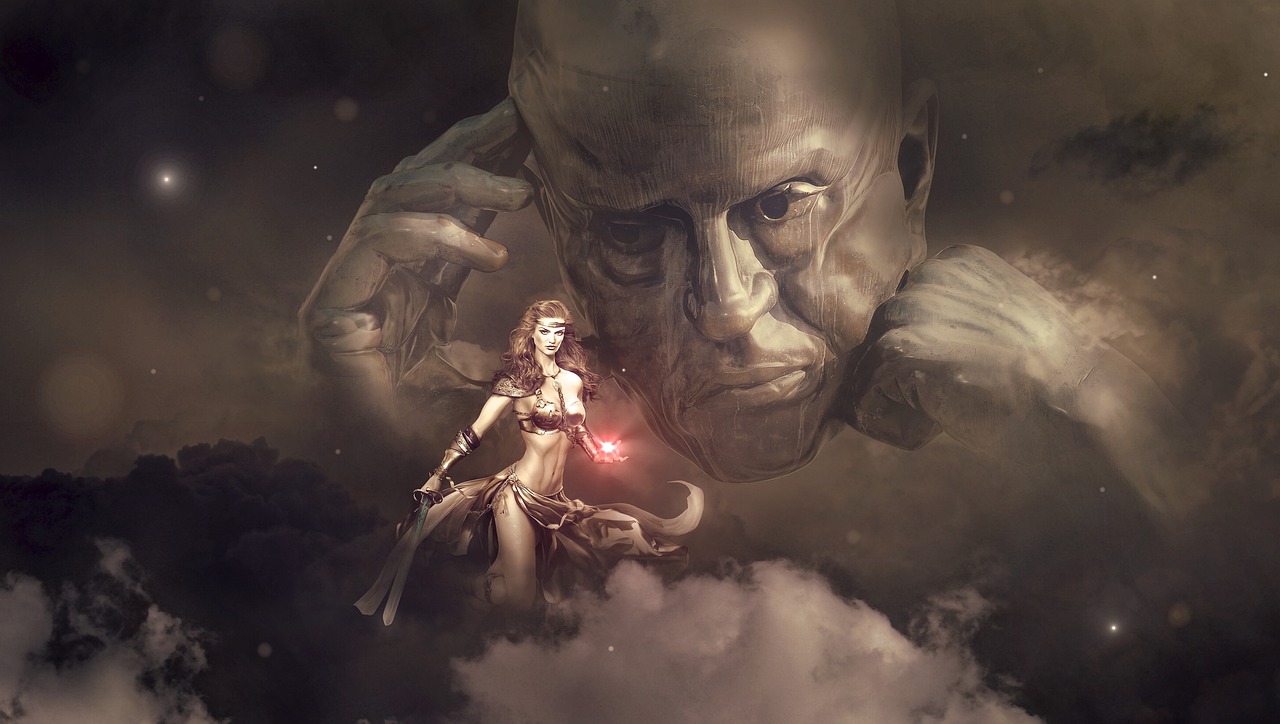 a woman riding on the back of a motorcycle in the clouds, digital art, inspired by Aleksi Briclot, portrait of kratos, jean delville and mark brooks, portrait of daemons, boris villajo
