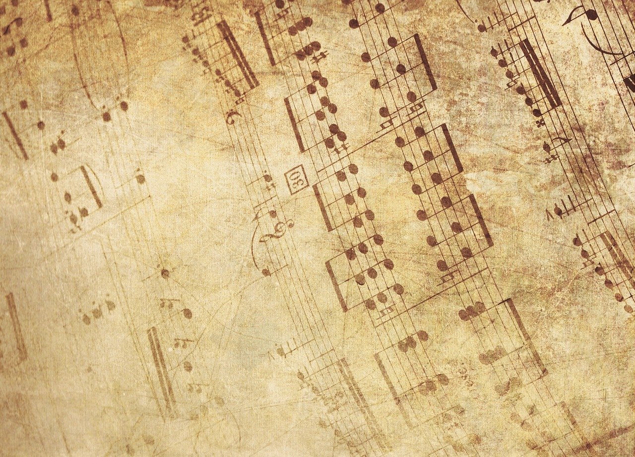 a close up of a sheet of music, inspired by Girolamo Muziano, shutterstock, textured parchment background, graphic”, vintage - w 1 0 2 4, anna kovalevskaya