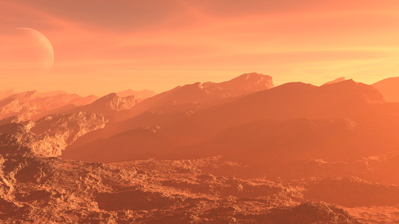 a view of a mountain range with a planet in the distance, trending on cg society, romanticism, warm orange lighting, mars mission, iphone wallpaper, mars invasion 2 0 3 3 - 2 0 4 2