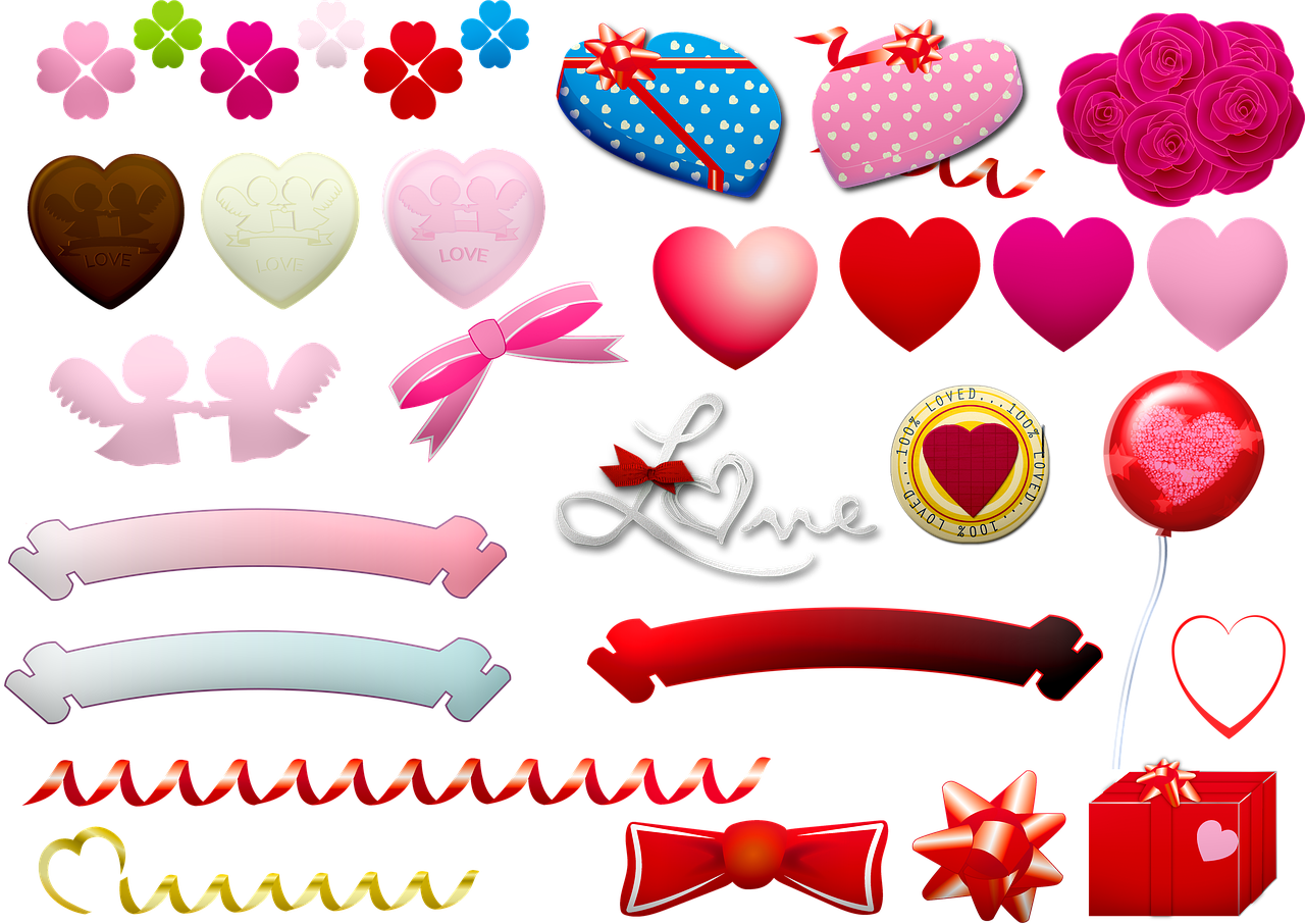 a collection of valentine's day items on a black background, vector art, by Valentine Hugo, imvu, ribbons, game icon asset, 50 mm