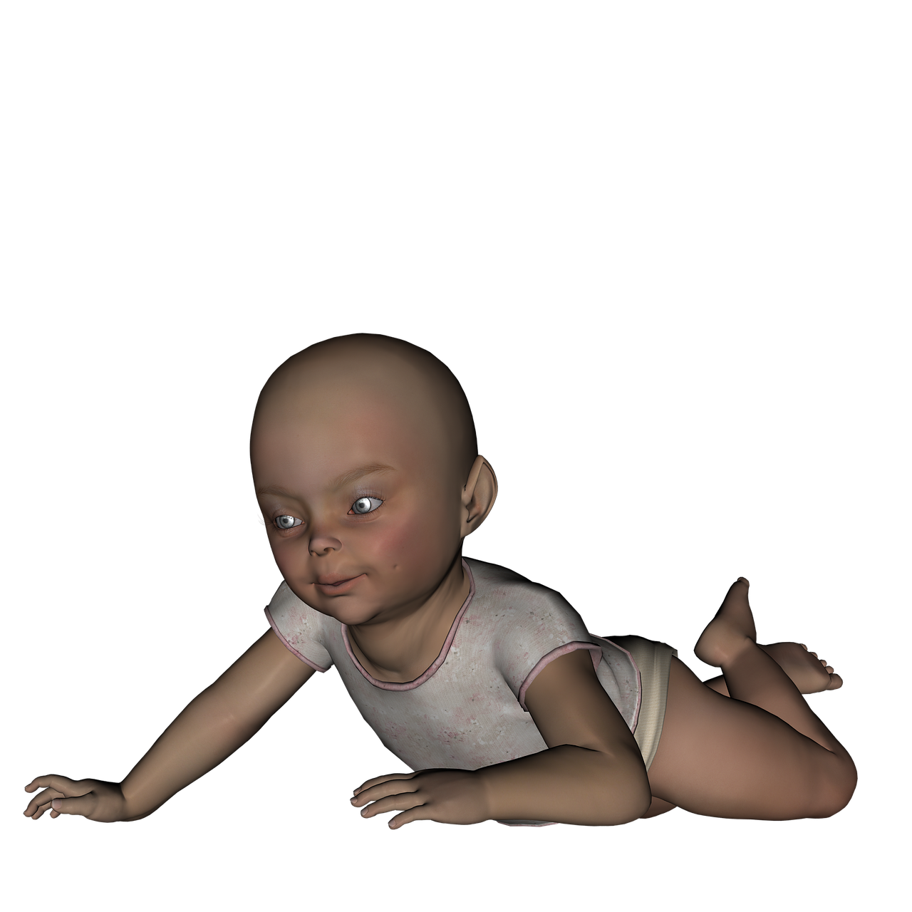 a baby that is laying down on the ground, a 3D render, digital art, big glowing eyes, low quality 3d model, crawling out of a dark room, full body image