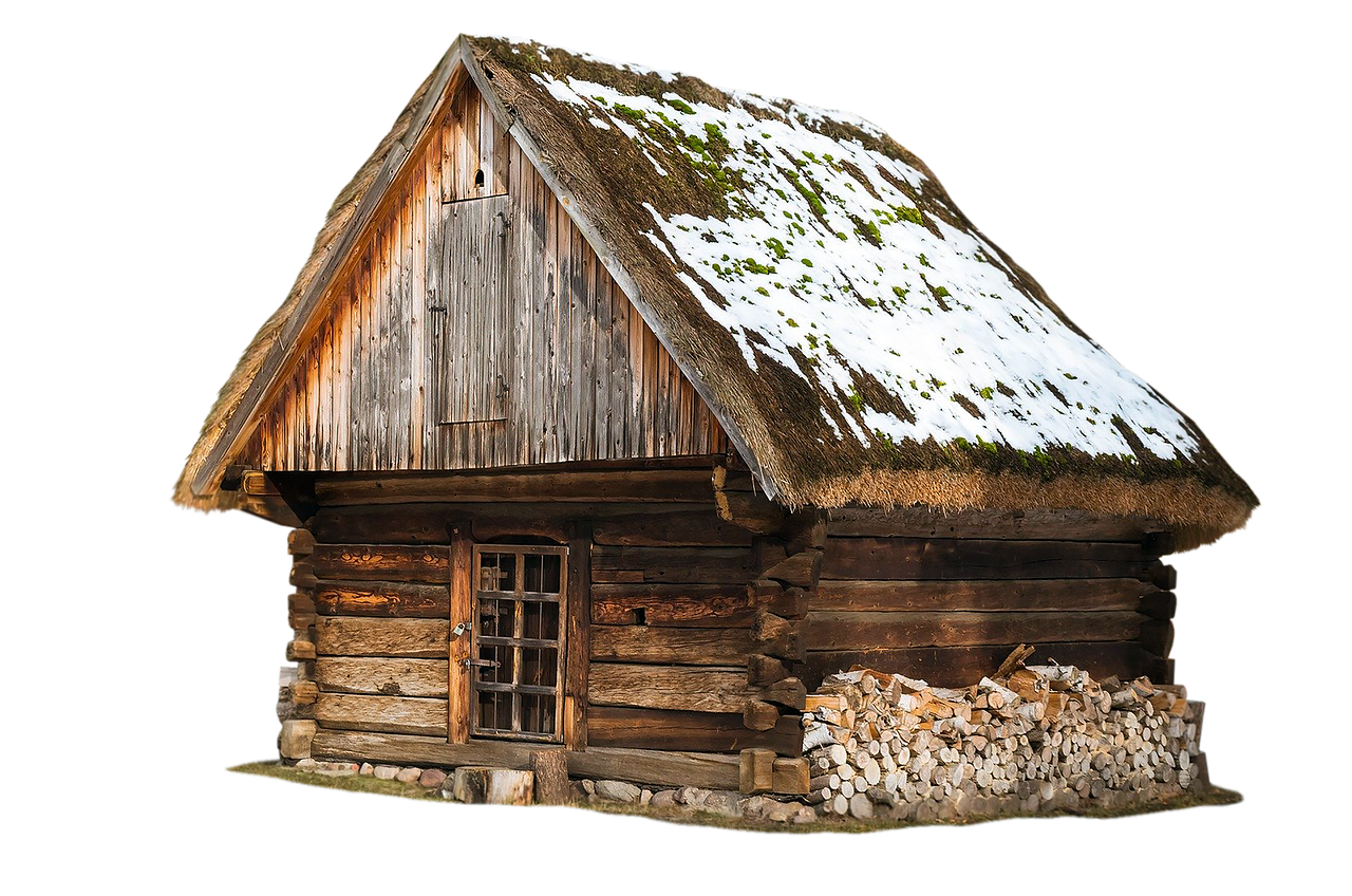 a small wooden cabin with a thatched roof, a digital rendering, by Jóhannes Sveinsson Kjarval, pixabay, renaissance, scale model photography, dusting of snow, ancient russian architecture, very very well detailed image