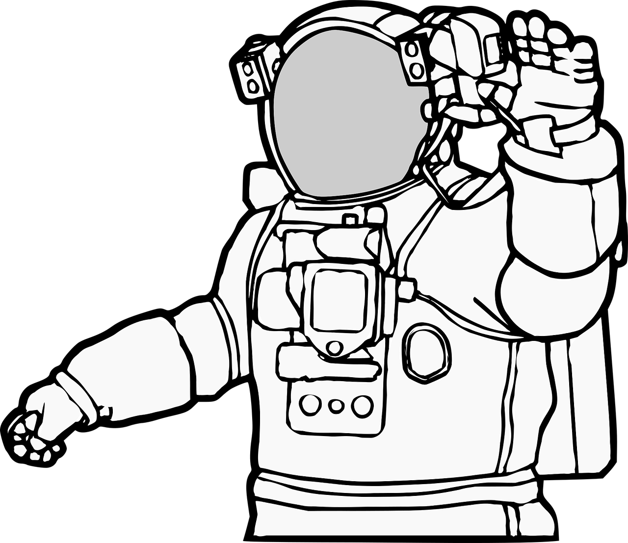 a black and white drawing of an astronaut, vector art, trending on pixabay, hands raised, 3840x2160, wave a hand at the camera, transparent background