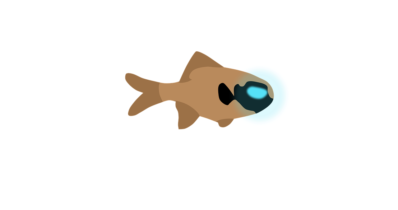 a close up of a fish with a frisbee in its mouth, inspired by Jean-Léon Gérôme, trending on deviantart, hurufiyya, brown and cyan color scheme, glowing eye, lineless, wheatly from portal 2