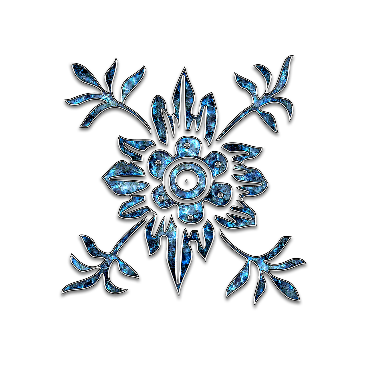 a close up of a snowflake on a black background, a digital rendering, deviantart, carved from sapphire stone, fantasy flowers and leaves, in style of chrome hearts, glass mosaic