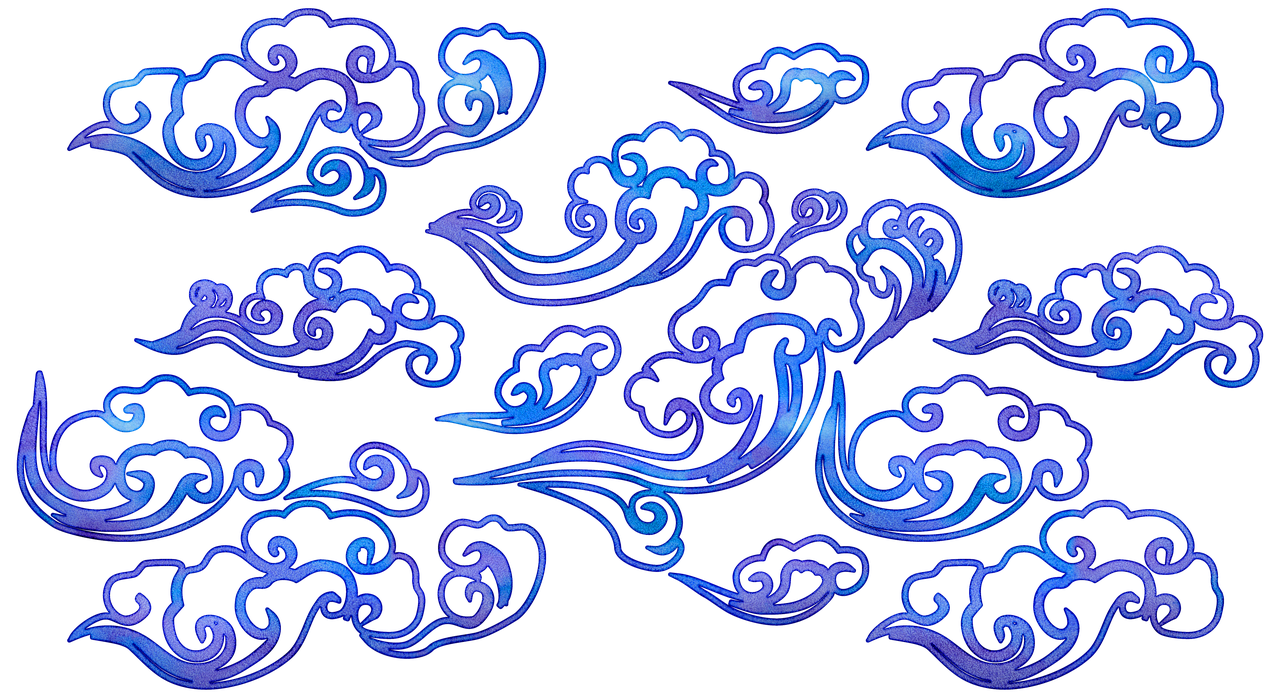 a group of blue swirls on a black background, a digital rendering, inspired by Li Keran, tattoos of cumulus clouds, fabric embroidery, vaporwave lighting style, style of kanagawa