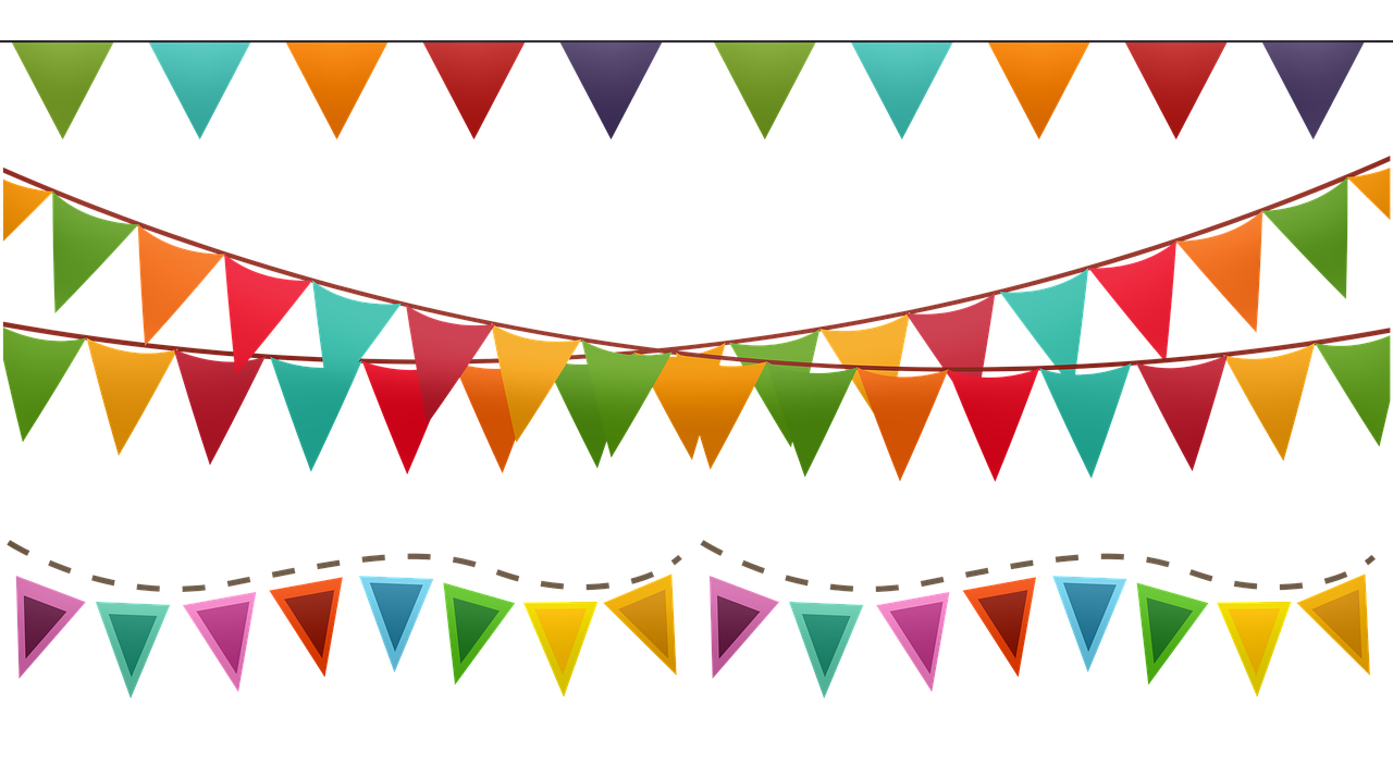 a set of colorful bunting flags on a black background, a screenshot, psd spritesheet, screencap, stylized border, 1 2 0 mm