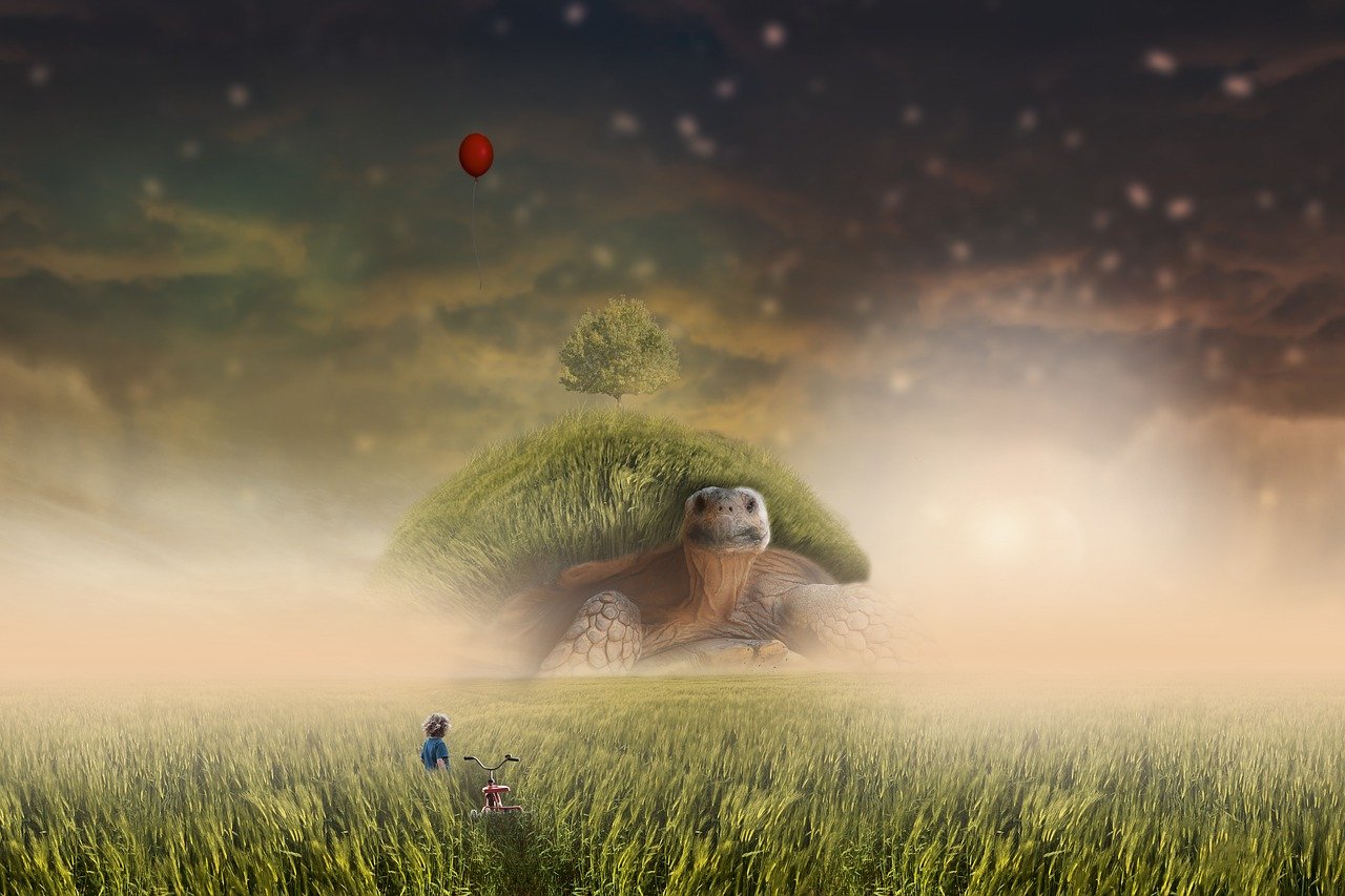 a large turtle laying on top of a lush green field, inspired by Gediminas Pranckevicius, surrealism, alexander jansson style, winning photo