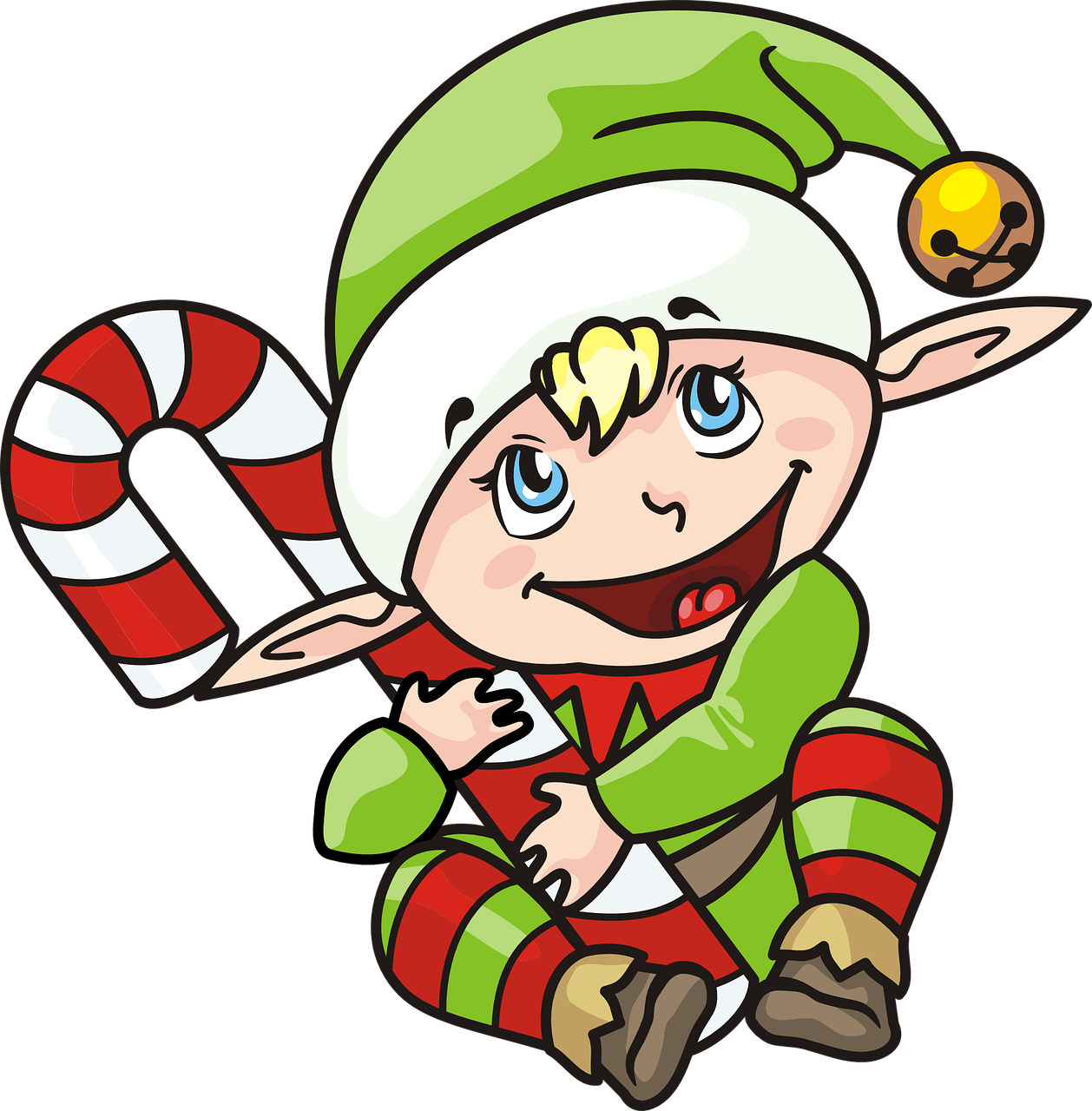 a cartoon elf holding a candy cane, by Kanbun Master, pixabay, mingei, wonder boy, detailed screenshot, david a, loki