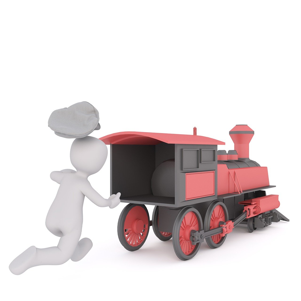 a man that is standing next to a train, a 3D render, inspired by Jean Tabaud, postman pat, white steam on the side, toy photo
