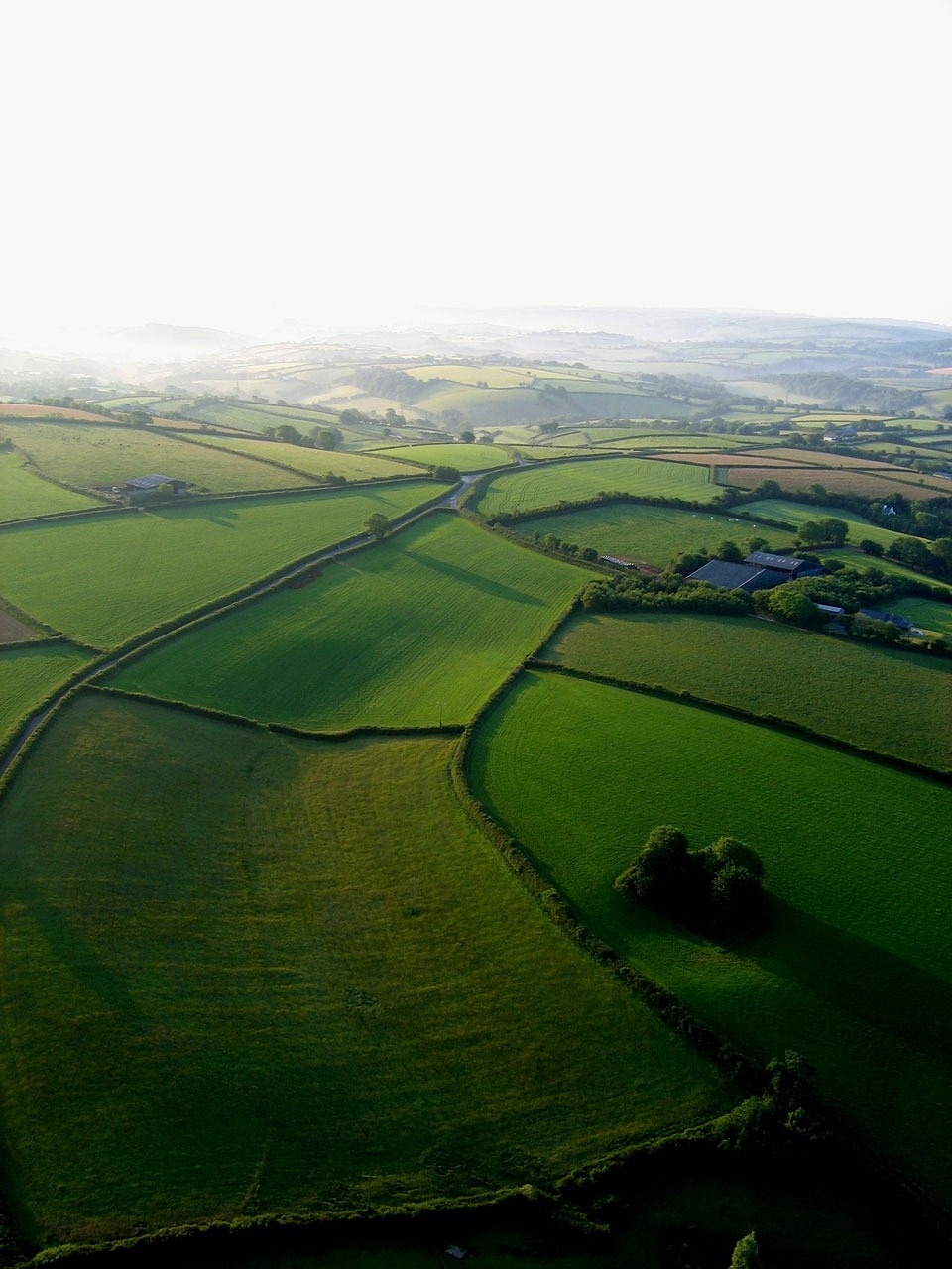 a view of the countryside from a hot air balloon, by Julian Allen, land art, summer morning light, cornwall, roads among fields, july 2 0 1 1