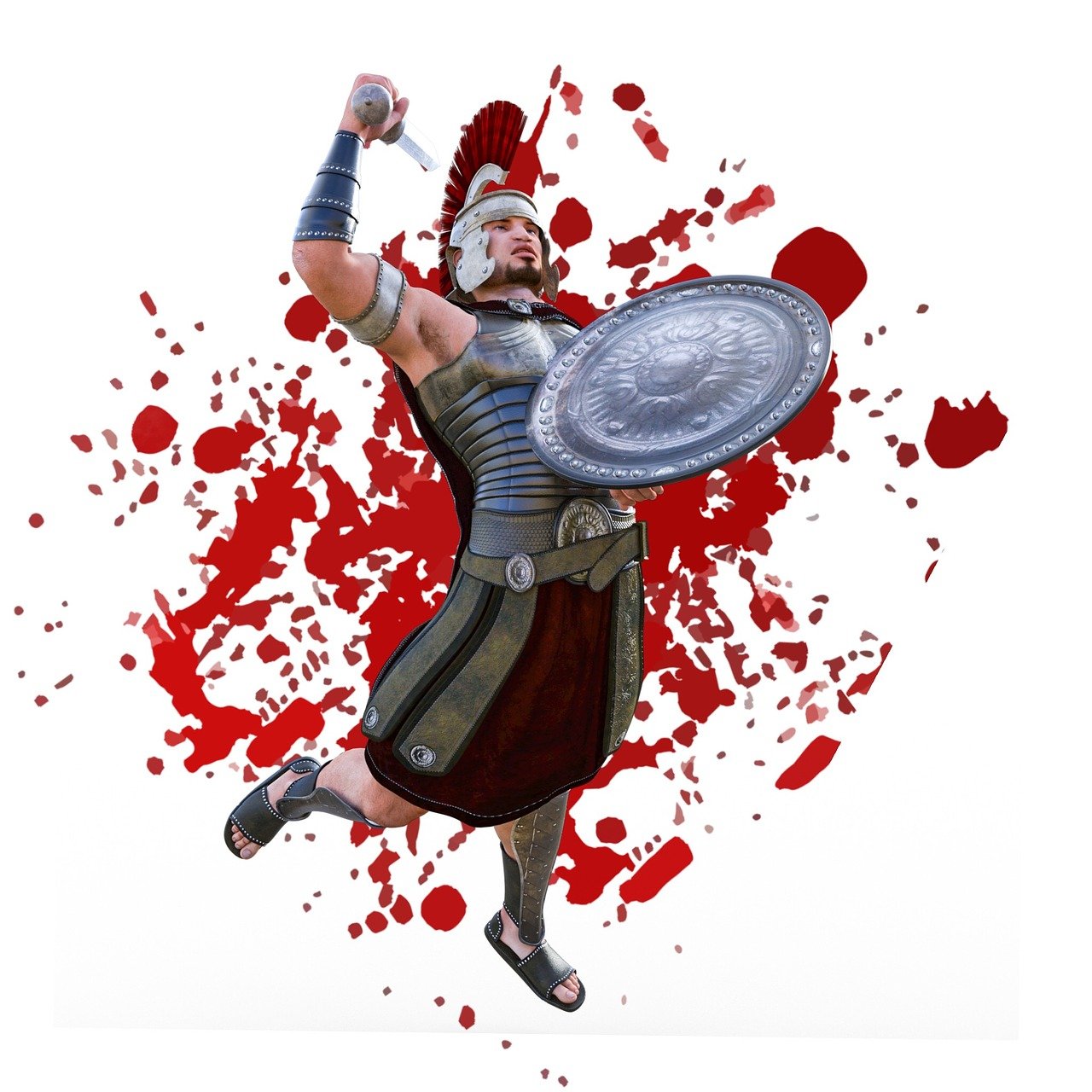 a man that is standing in the air with a shield, by Pogus Caesar, pixabay contest winner, blood spatter, arnold 3d render, isolated on white background, age of empires