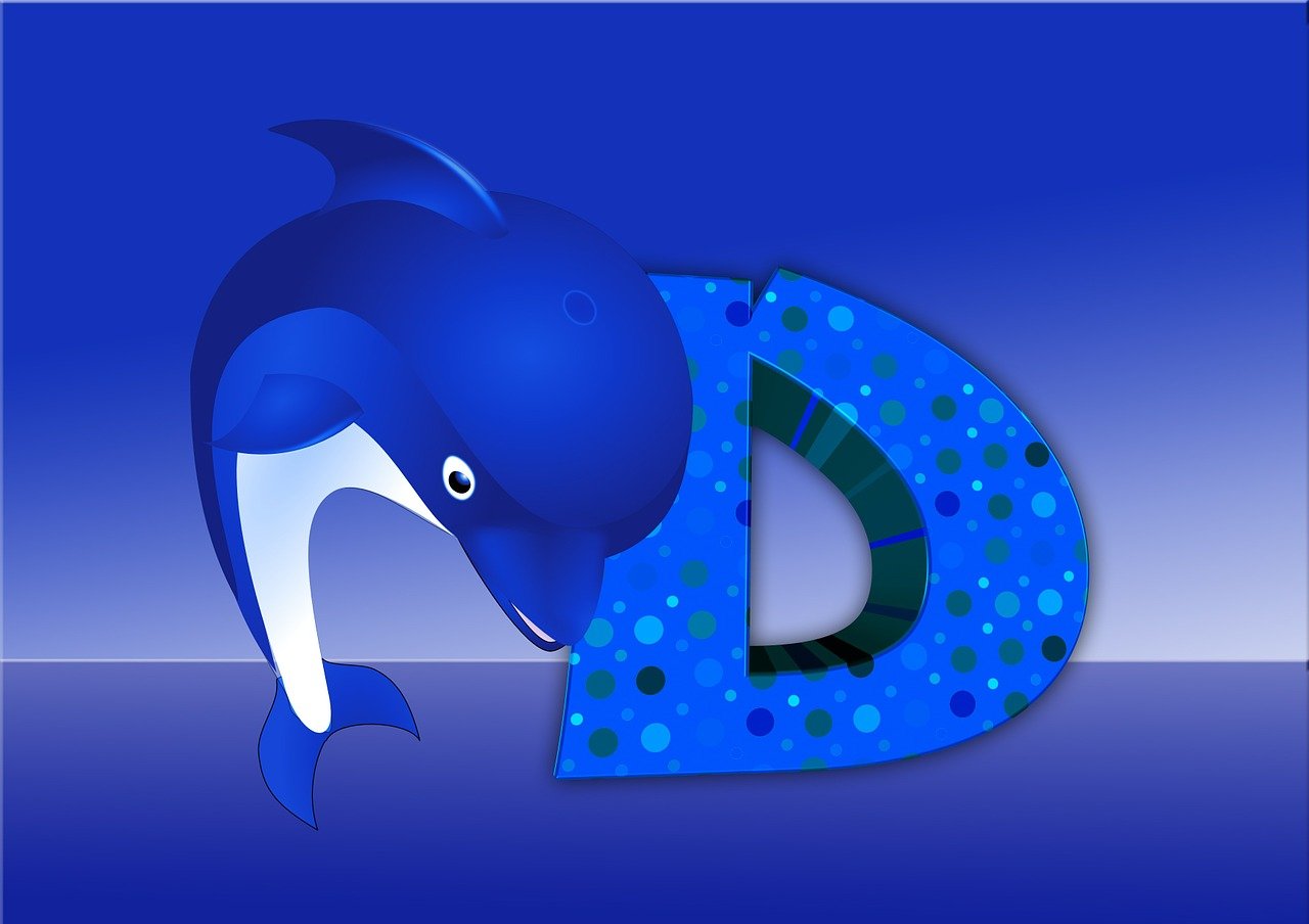 a dolphin jumping out of the letter d, by Dietmar Damerau, deviantart, created in adobe illustrator, dreamcast, sapphire, kid
