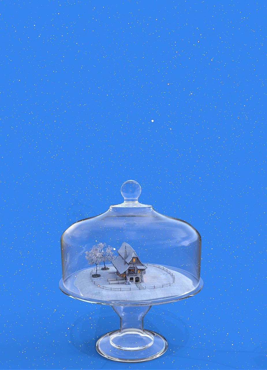 a glass cloche with a snow scene inside of it, a 3D render, flickr, folk art, star roof, with a blue background, zhuoxin ye, phone wallpaper